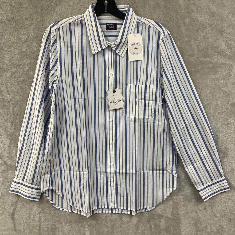 Untuckit Dress Shirt Women’s 12 L White Blue Vertical Stripe Button Down Top NWT